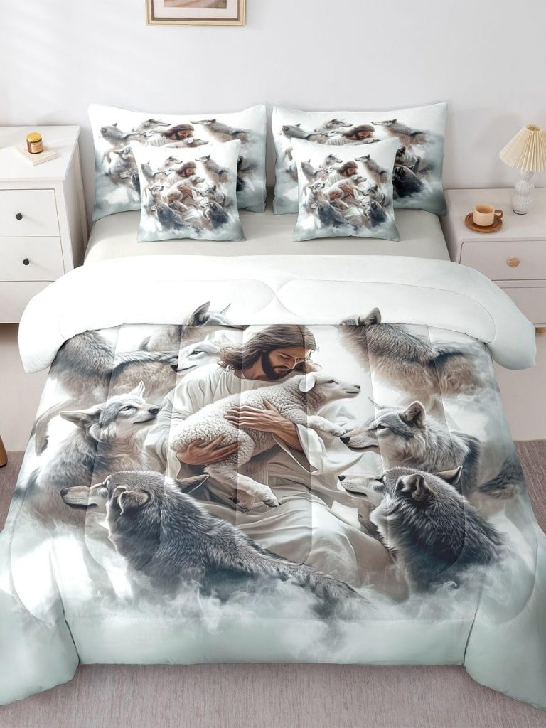 God And Lamb Kids Comforter Set Twin Size,Saving The Lost Sheep Western Bedding,